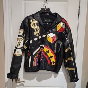 Vegas Gambling Casino Dice Blackjack Leather Bomber Jacket Size 2XL